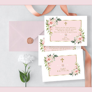 Roze Blush Flowers Gold Lijst Cross-Baptisme Bedankkaart