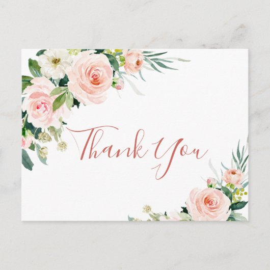 Roze Blush Flowers Greenery Floral Hartelijk dank Briefkaart (Voorkant)