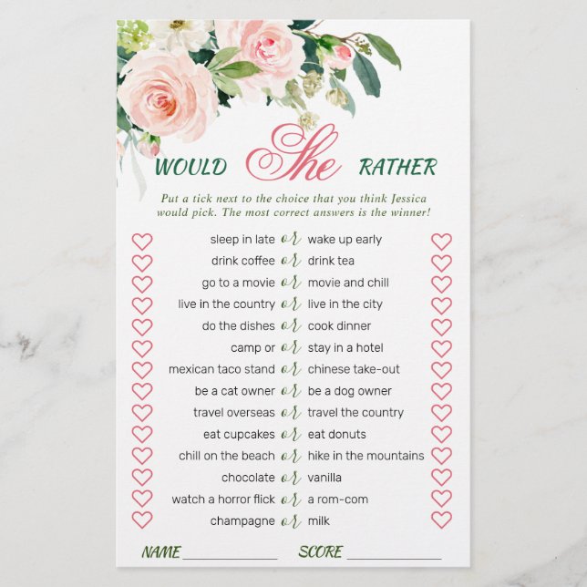 Roze Blush Flowers Greenery Vrijgezellenfeest Game (Voorkant)