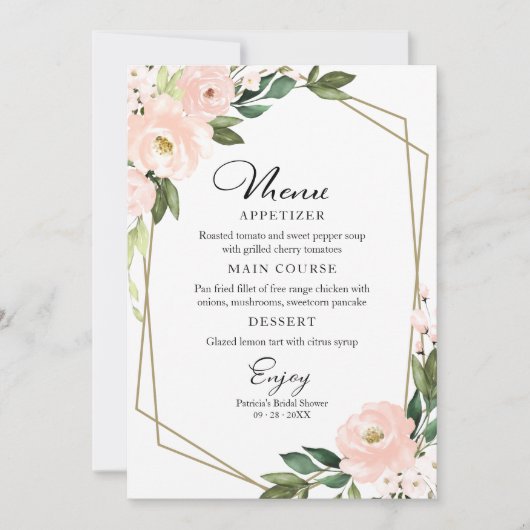 Roze Blush Geometrische Bruidsdiner Menu Voor Bord Kaart (Voorkant)