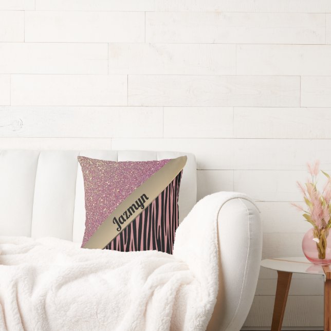 Roze Blush Glam Zebra Print gepersonaliseerd Kussen (Bank)