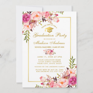 Roze Blush Gold Floral Gradual Party Invitation Kaart