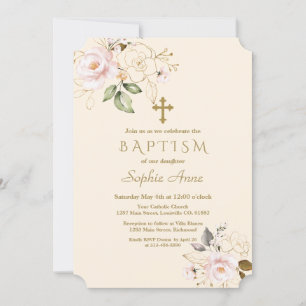 Roze Blush Gold Flowers Cross Champagne Baptisme Kaart