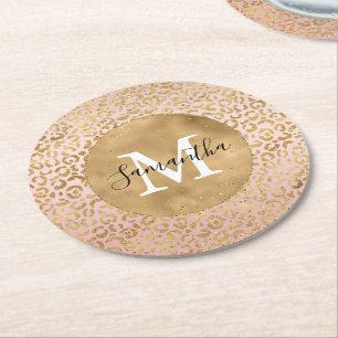 Roze Blush Gold Leopard Print Glitz Sparkle Ronde Kartonnen Onderzetter