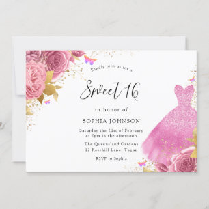 Roze Blush & Gold Sparkle Dress Floral Sweet 16 Kaart