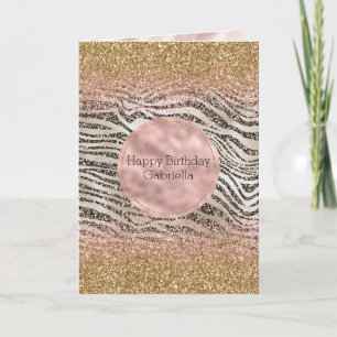 Roze Blush Goud Zwart Glitzy Glitter Zebra Print Kaart
