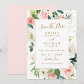 Roze Blush Gouden Bloem Bruiloft Bewaar De Datum Save The Date (Voorkant / Achterkant)