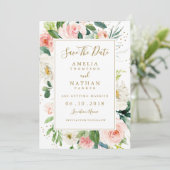 Roze Blush Gouden Bloem Bruiloft Save The Date (Staand voorkant)