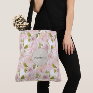 Roze Blush Magnolia Bloem Initialen Monogram Draagtas
