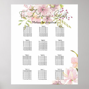 Roze Blush Magnolia Floral Wedding Seding Chart Poster