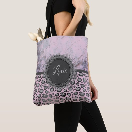 Roze Blush Marble Glittery Leopard gepersonaliseer Draagtas (Dichtbij)