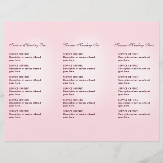 Roze Blush Menu & Prijzen (Achterkant)