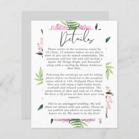 Roze Blush Mint Weddenschap Details Enclosure Card (Voorkant / Achterkant)