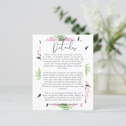 Roze Blush Mint Weddenschap Details Enclosure Card (Staand voorkant)