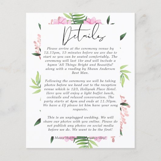 Roze Blush Mint Weddenschap Details Enclosure Card (Voorkant)