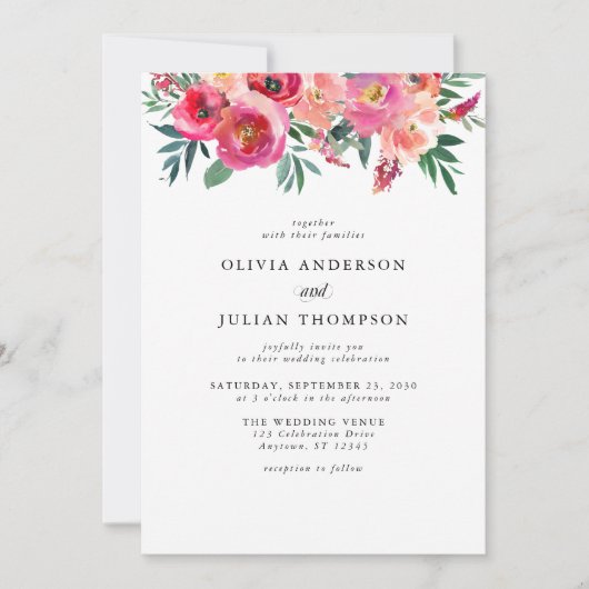 Roze Blush & Rode Bloemen Waterverf bruiloft Kaart (Voorkant)