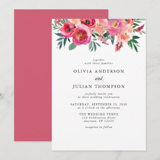 Roze Blush & Rode Bloemen Waterverf bruiloft Kaart