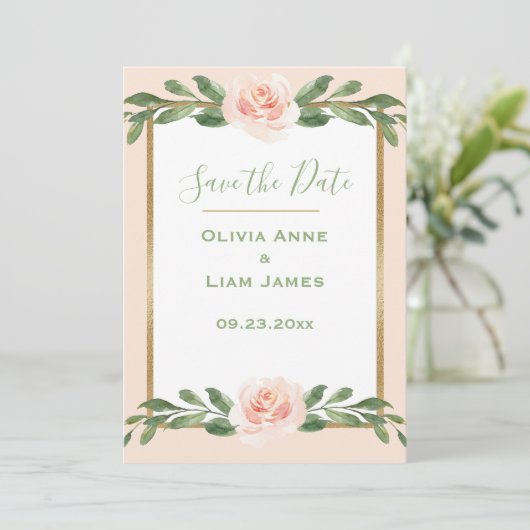 Roze Blush Romantic Floral Elegant Green Script Save The Date (Staand voorkant)
