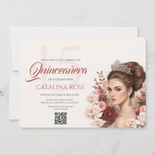 Roze Blush Roos Elegante Quinceañera QR Code Kaart