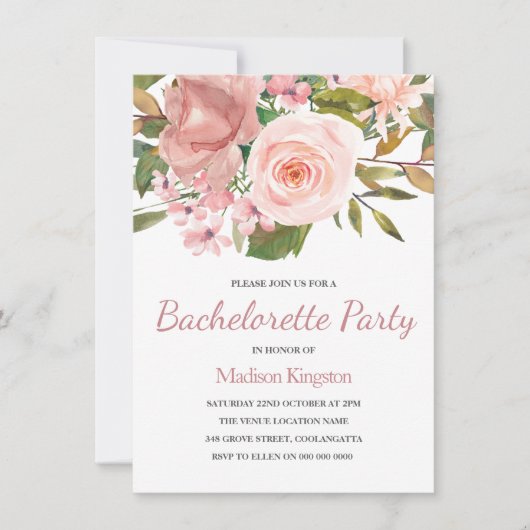 Roze Blush Roos Gold Bachelorette Party nodigt uit Kaart (Voorkant)
