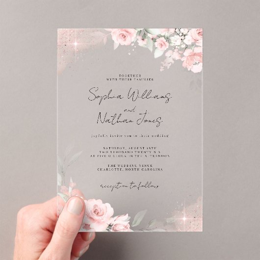 Roze Blush Roos Silver Butterfly Wedding Acryl Uitnodigingen (Insitu (Draagbaar))