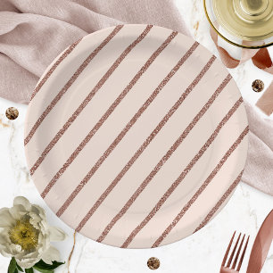 Roze Blush Roze Gouden Glitter Streep Patroon Papieren Bordje