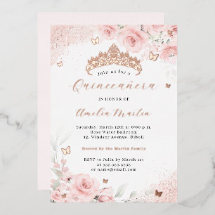 Roze Blush Roze Gouden Vlinder Quinceanera Folie Uitnodiging