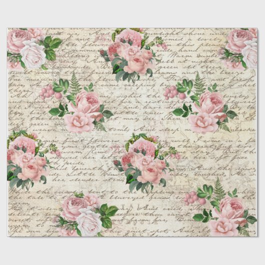 Roze Blush Rozen Oude Brief Decoupage Cadeaupapier (Vlak)