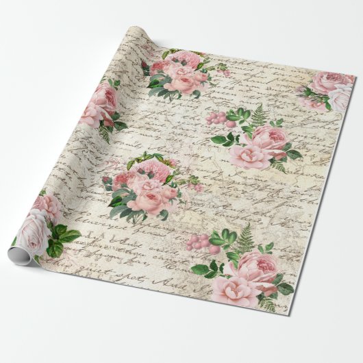 Roze Blush Rozen Oude Brief Decoupage Cadeaupapier (Uitgerold)