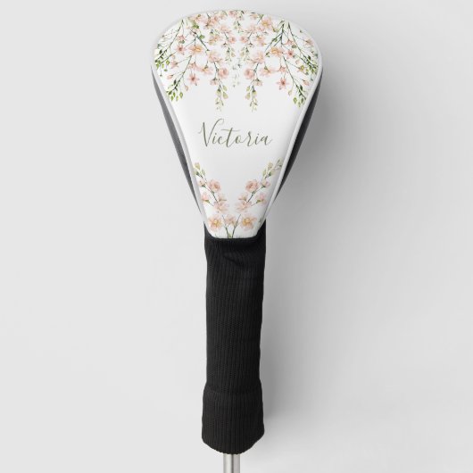 Roze Blush Sage Floral Name Script Wildbloemen Golfheadcover (Voorkant)