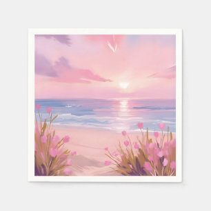 Roze Blush Strand Zonsondergang Pastel Waterverf Servet