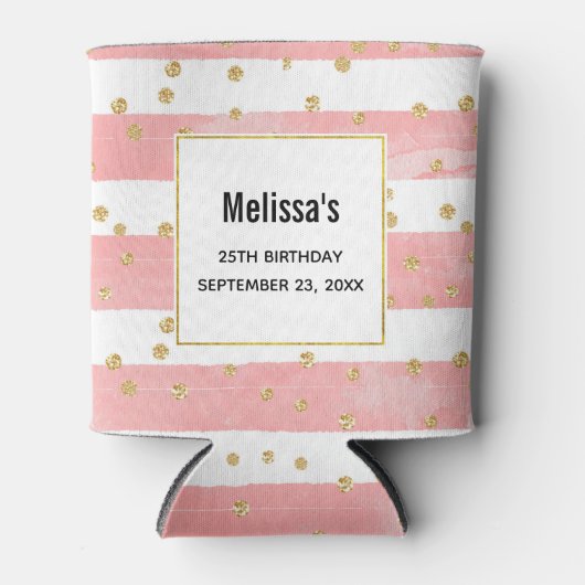 Roze Blush Stripes | Faux Gold Confetti Birthday Blikjeskoeler (Voorkant)