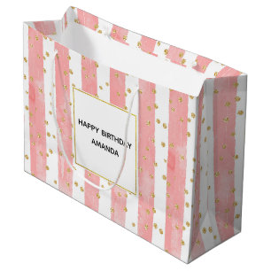 Roze Blush Stripes   Faux Gold Confetti Birthday Groot Cadeauzakje