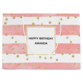 Roze Blush Stripes | Faux Gold Confetti Birthday Groot Cadeauzakje (Voorkant)