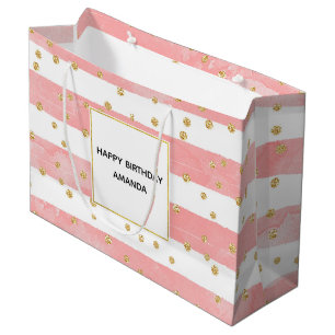 Roze Blush Stripes Faux Gold Confetti Birthday Groot Cadeauzakje