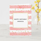 Roze Blush Stripes & Faux Gold Confetti Birthday Kaart (Gele Bloem)