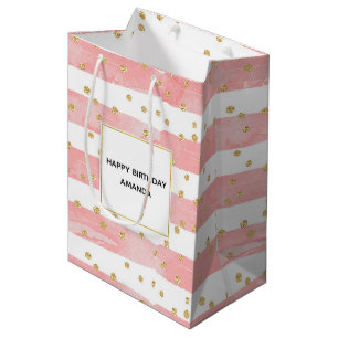 Roze Blush Stripes   Faux Gold Confetti Birthday Medium Cadeauzakje