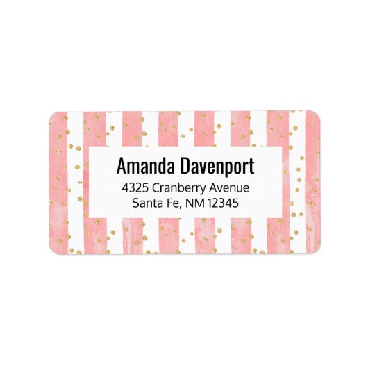Roze Blush Stripes | Faux Gold Confetti Etiket (Voorkant)