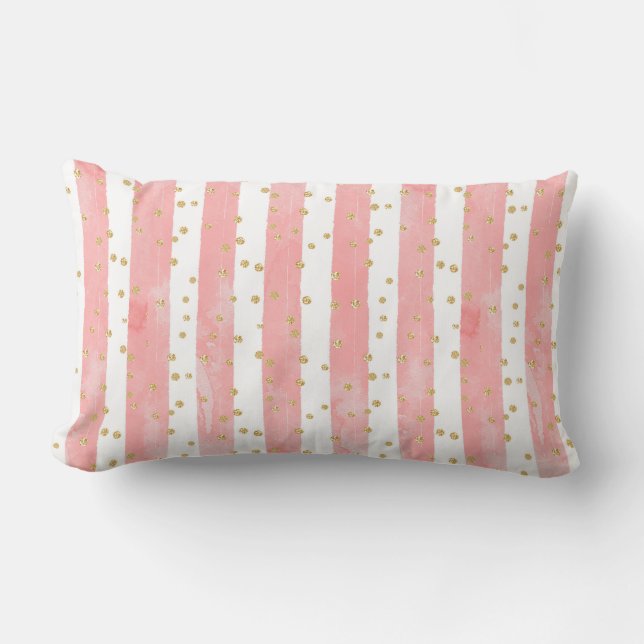 Roze Blush Stripes | Faux Gold Confetti Kussen (Voorkant)