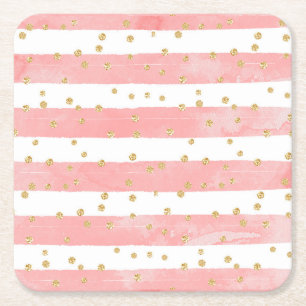 Roze Blush Stripes Faux Gold Confetti Vierkante Kartonnen Onderzetter
