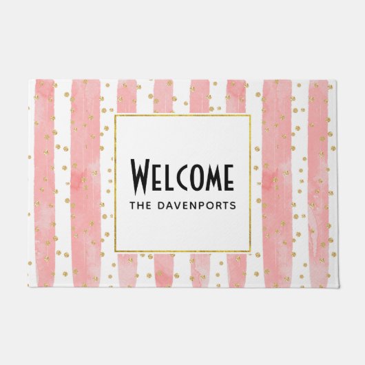 Roze Blush Stripes | Faux Gold Confetti Welkom Deurmat (Voorkant)