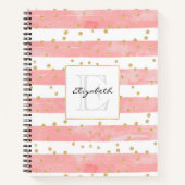 Roze Blush Stripes | Monogram Faux Gold Confetti Notitieboek (Voorkant)
