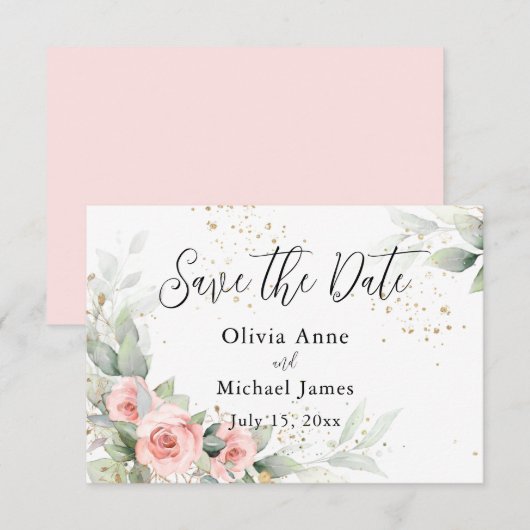 Roze Blush Watercolor Rozen Save the Date (Voorkant / Achterkant)