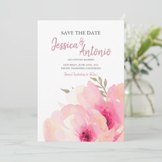 Roze Blush Waterverf Pioen Save The Date Huwelijk (Staand voorkant)