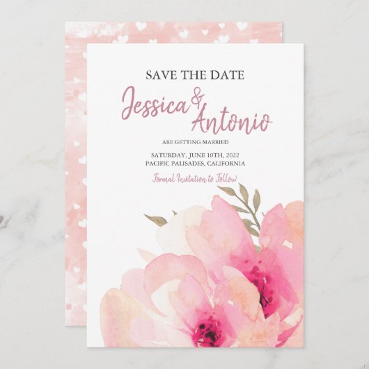 Roze Blush Waterverf Pioen Save The Date Huwelijk (Voorkant / Achterkant)
