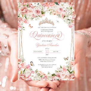 Roze Blush White Floral Butterfly Quinceanera Kaart