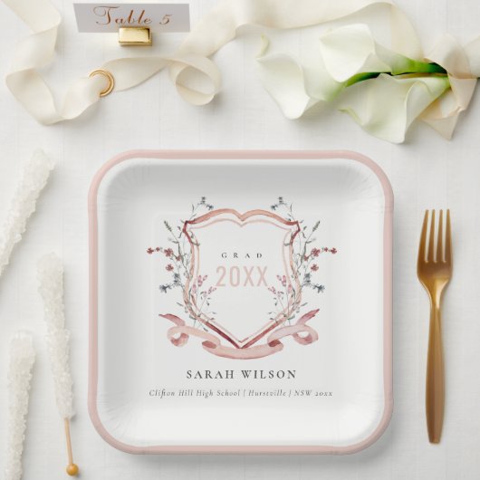 Roze blush Wilde Waterverf Crest Afstuderen Papieren Bordje (Huwelijk)