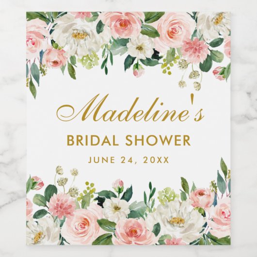 Roze Blush Wit Bloemen Goud Vrijgezellenfeest Wijn Etiket (Enkel label)