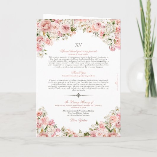 Roze Blush Witte Bloemen Vlinder Quinceañera Programma (Achterkant)