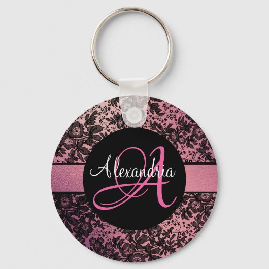 Roze Blush Zwart Moody Bloemen Monogram Sleutelhanger (Voorkant)